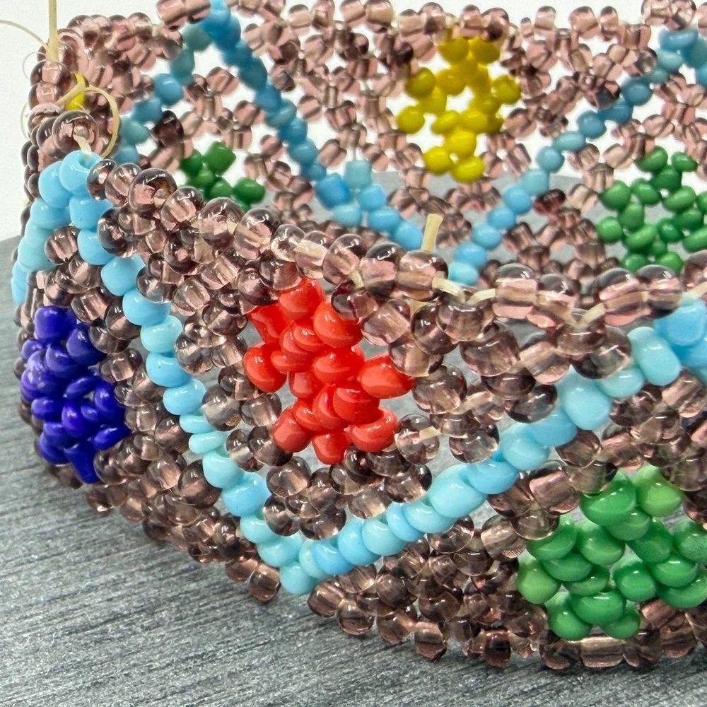 Multicolor Seed Bead Wide Cuff Bracelet Geometric Boho Artisan Statement Bangle